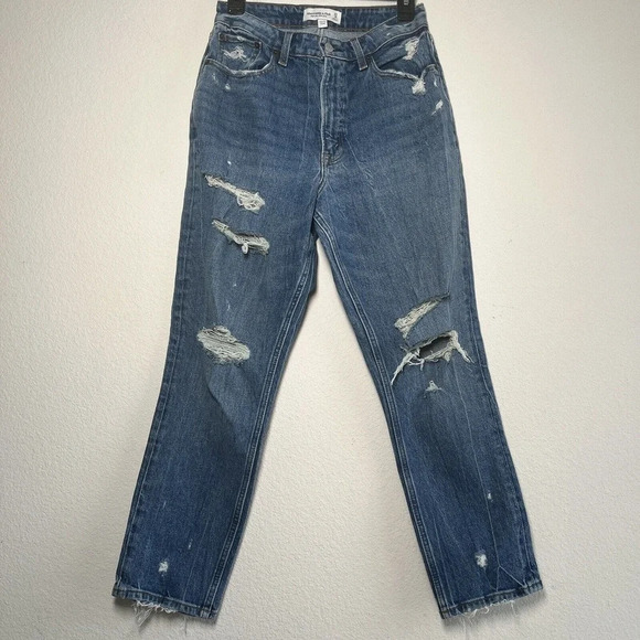 Abercrombie & Fitch Curve Love Mom High Rise Distressed Jeans 27/ 4 Regular - Picture 3 of 15
